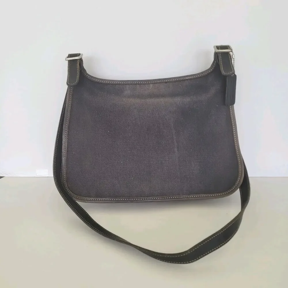Coach Shoulder Bag, Canvas Denim Leather Black 8113 Rustic Flap‎ Medium Saddle